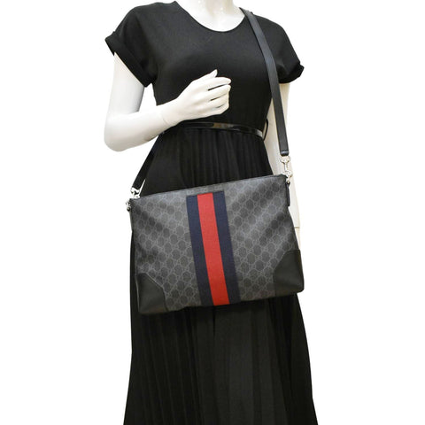 GUCCI East West GG Supreme Web Messenger Bag Black 474139