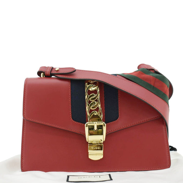 GUCCI Sylvie Small Web Leather Shoulder Bag Red 421882