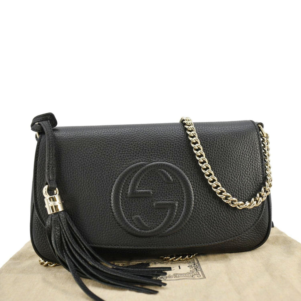 GUCCIソーホーチェーンショルダーバッグBLACK GUCCI Soho Flap Leather Chain Crossbody Bag Black