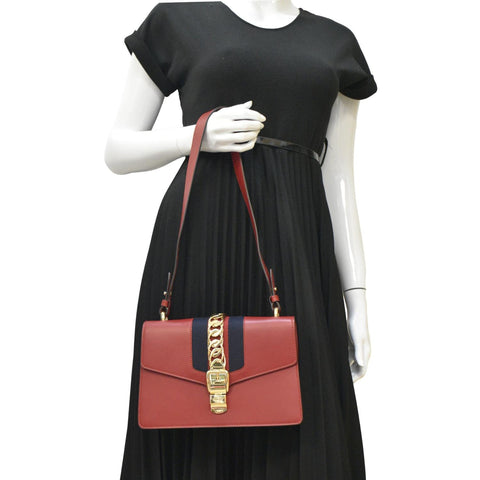 GUCCI Sylvie Small Web Leather Shoulder Bag Red 421882