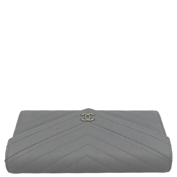 CHANEL Long Flap Quilted Chevron Caviar Wallet Light Grey
