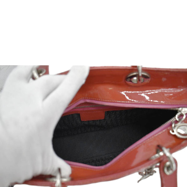 CHRISTIAN DIOR Lady Dior Large Quilted Patent Leather Shoulder Bag Reddish Orange