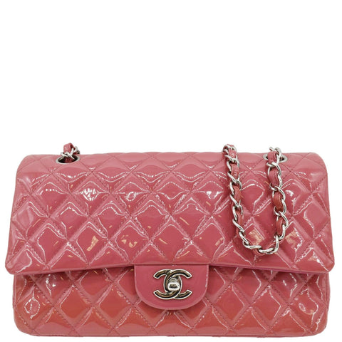 CHANEL Classic Double Flap Medium Quilted Patent Leather Shoulder Bag Light Pink