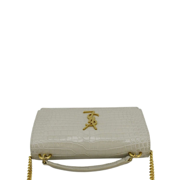 YVES SAINT LAURENT Sunset Crocodile Embossed Leather Crossbody Bag Ivory