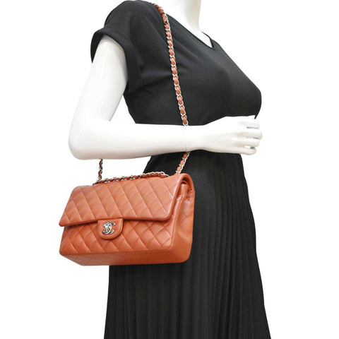 CHANEL Classic Medium Double Flap Quilted Leather Shoulder Bag Red