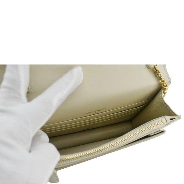 YVES SAINT LAURENT Sunset Crocodile Embossed Leather Crossbody Bag Ivory