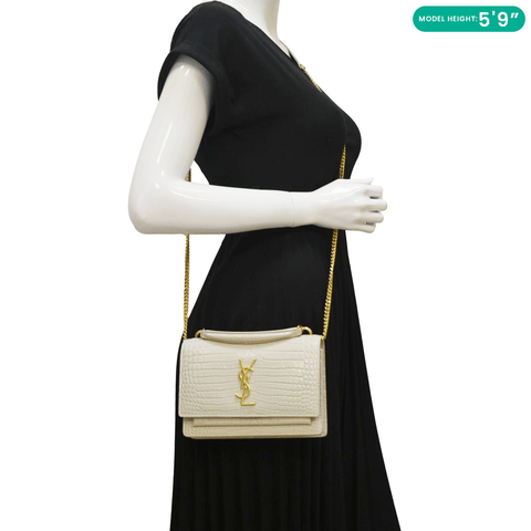 YVES SAINT LAURENT Sunset Crocodile Embossed Leather Crossbody Bag Ivory