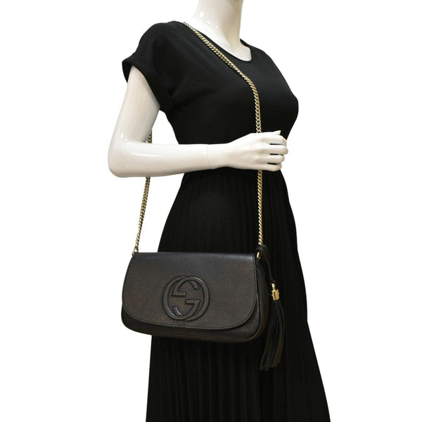 GUCCI Soho GG Flap Leather Chain Shoulder Bag Black 336752