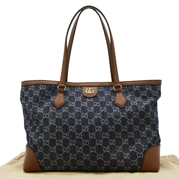 GUCCI Ophidia GG Medium Jacquard Denim Tote strips front look