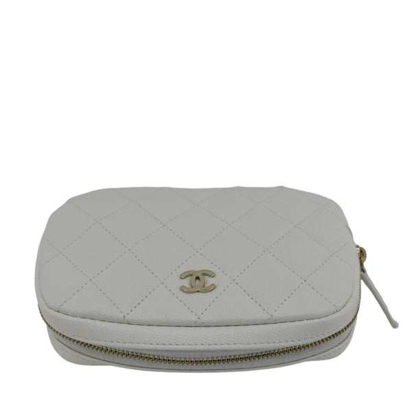 CHANEL Curvy Small Quilted Caviar Leather Cosmetic Pouch White