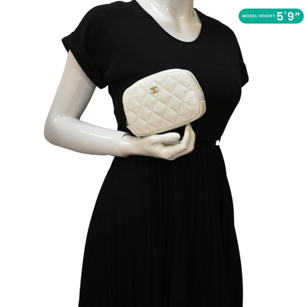 CHANEL Curvy Small Quilted Caviar Leather Cosmetic Pouch White