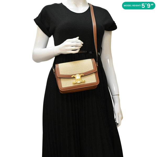 CELINE Triomphe Medium Leather Textile Shoulder Bag Light Brown
