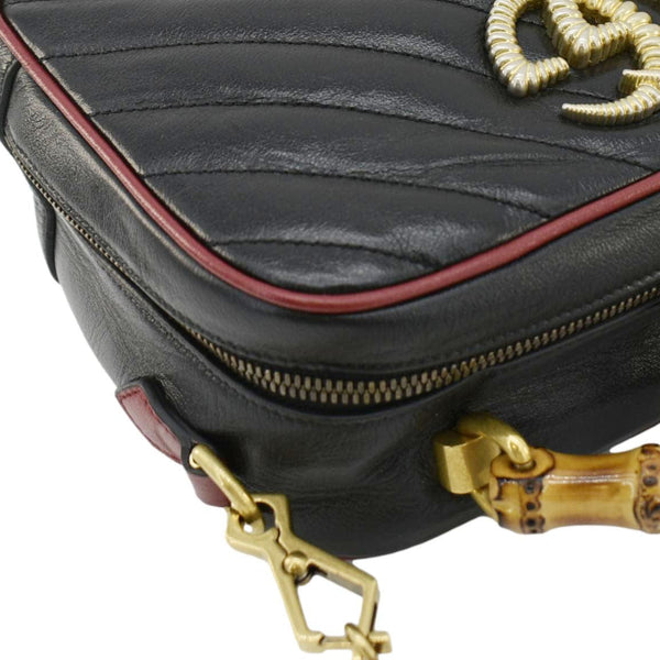 GUCCI GG Marmont Diagonal Leather Bamboo Top Handle Crossbody Bag Black 602270