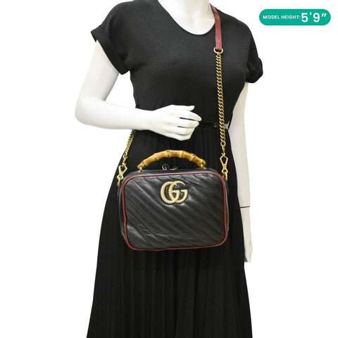 GUCCI GG Marmont Diagonal Leather Bamboo Top Handle Crossbody Bag Black 602270