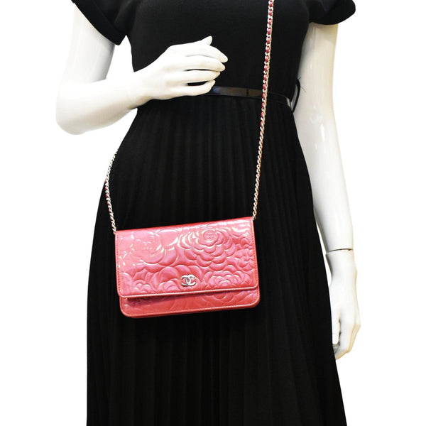 CHANEL Camellia Wallet On Chain Leather Crossbody Bag Pink