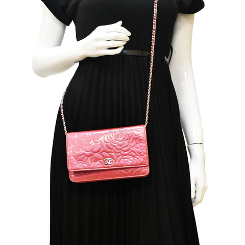 CHANEL Camellia Wallet On Chain Leather Crossbody Bag Pink