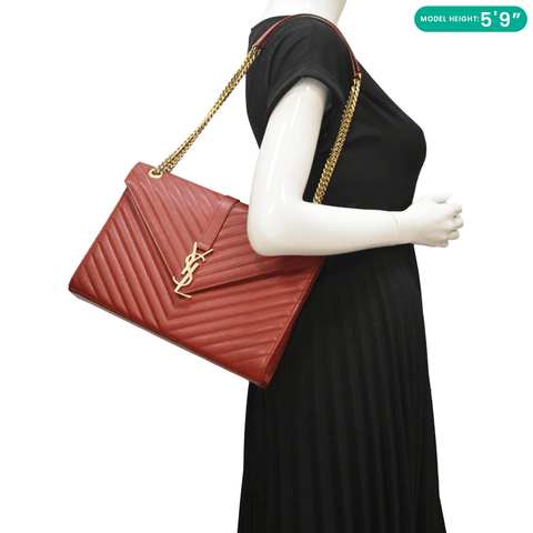 YVES SAINT LAURENT Large Envelope Chevron Quilted Leather Chain Shoulder Bag Red