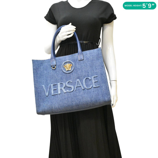 VERSACE La Medusa Large Denim Leather Tote Bag Blue