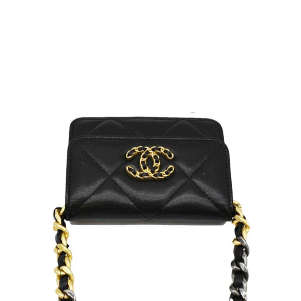 CHANEL 19 Flap Coin Purse Quilted Leather Chain Shoulder Bag Black