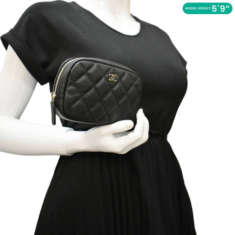 CHANEL Curvy Small Quilted Caviar Leather Cosmetic Pouch Black