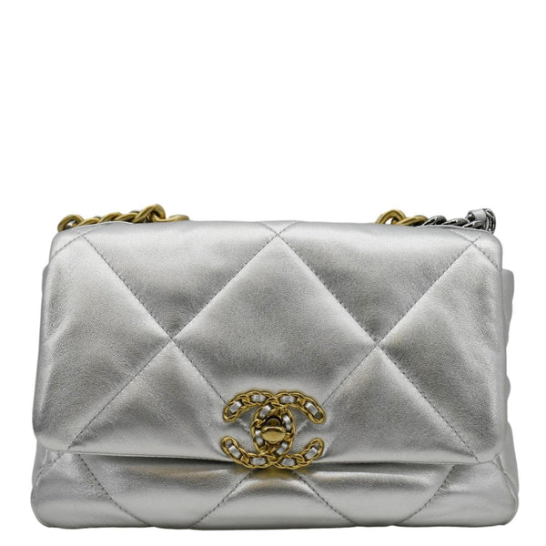 CHANEL 19 Medium Flap Quilted Leather Shoulder Bag Metallic Silver