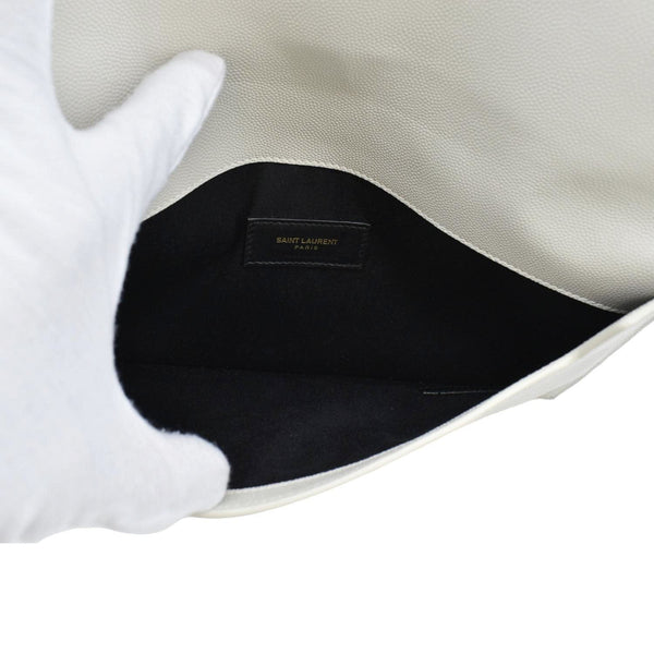 YVES SAINT LAURENT Uptown Envelope Grain De Poudre Leather Clutch Light Grey