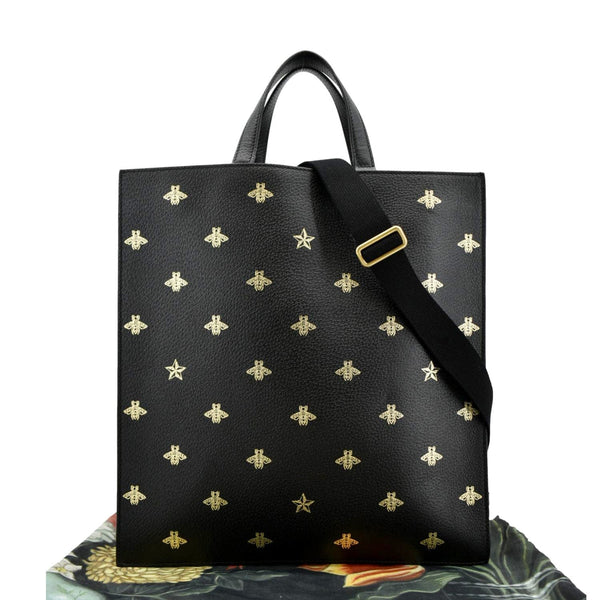 GUCCI Bee Star Grained Calfskin Leather Vertical Tote Black 495444