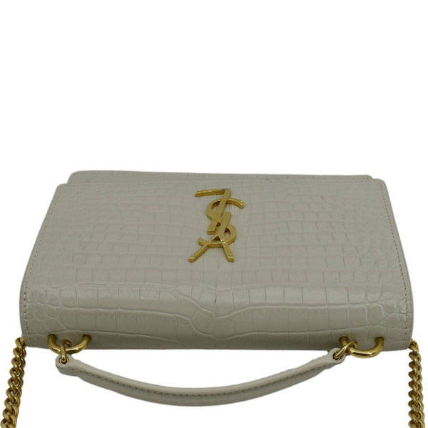YVES SAINT LAURENT Sunset Crocodile Embossed Leather Crossbody Bag Ivory