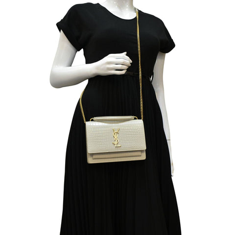 YVES SAINT LAURENT Sunset Crocodile Embossed Leather Crossbody Bag Ivory