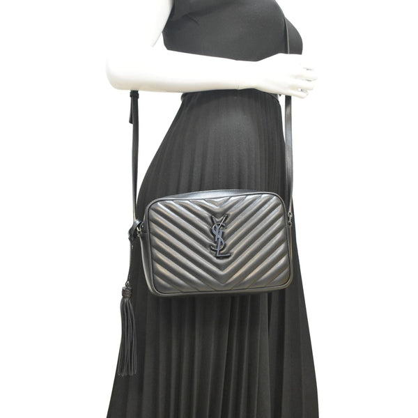 YVES SAINT LAURENT Lou Chevron Leather Camera Crossbody Bag Black