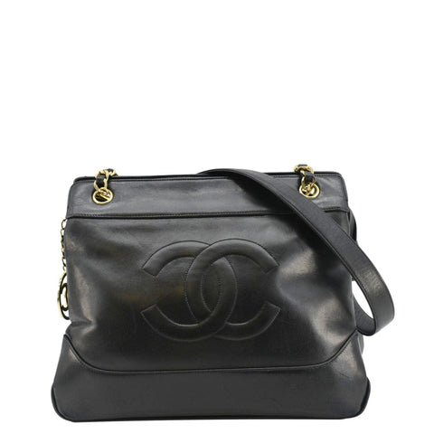 CHANEL Vintage CC Lambskin Leather Chain Shopping Tote Bag Black