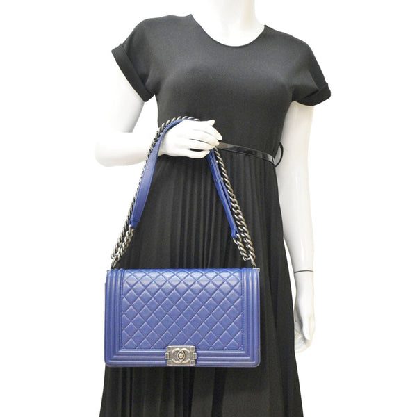 CHANEL Boy Flap Calf Leather Crossbody Bag Blue
