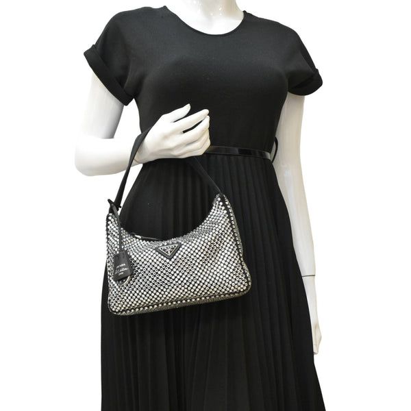 PRADA Mini Re-Edition 2000 Crystal Embellished Satin Tote Bag Black