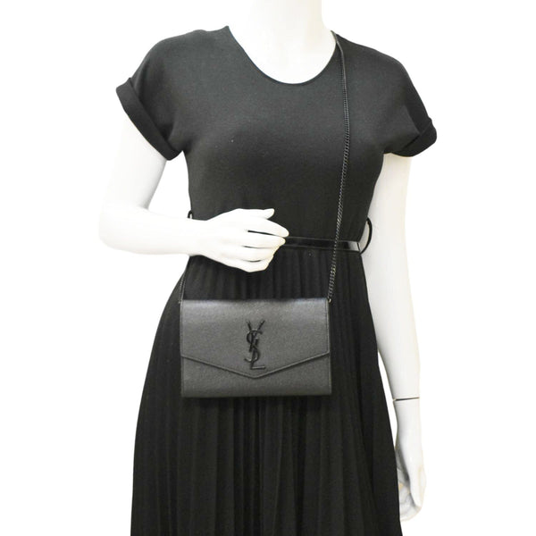YVES SAINT LAURENT Uptown Grain De Poudre Embossed Leather Crossbody Chain Wallet Black