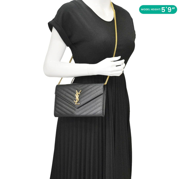 YVES SAINT LAURENT Cassandre Leather Wallet On Chain Crossbody Bag Black