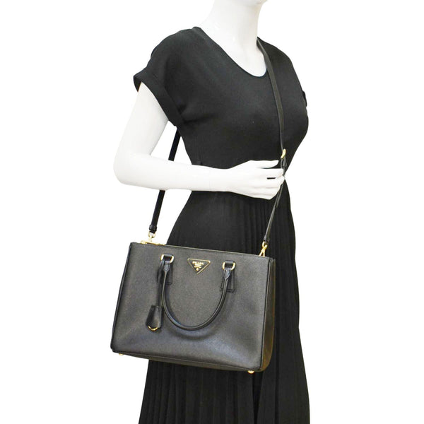 PRADA Galleria Double Zip Saffiano Leather Top Handle Tote Bag Black