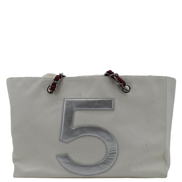 CHANEL Foil No.5 Canvas Chain Shopping Tote Bag White