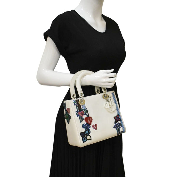 CHRISTIAN DIOR Lady Dior Patch Embellished Leather Tote Bag White