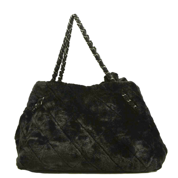 CHANEL Large Camellia Fantasy Faux Fur Tote Bag Black