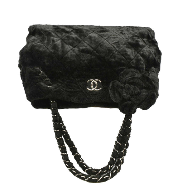 CHANEL Large Camellia Fantasy Faux Fur Tote Bag Black