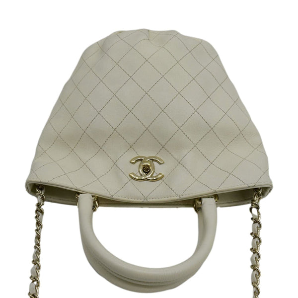 CHANEL CC Lock Bucket Stitched Leather Tote Shoulder Bag Off White