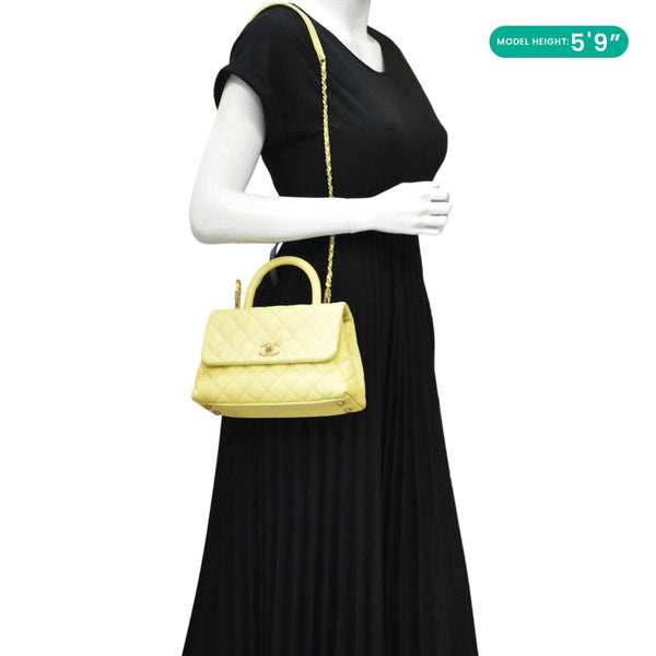 CHANEL CC Coco Flap Caviar Leather Top Handle Shoulder Bag Yellow 24229597