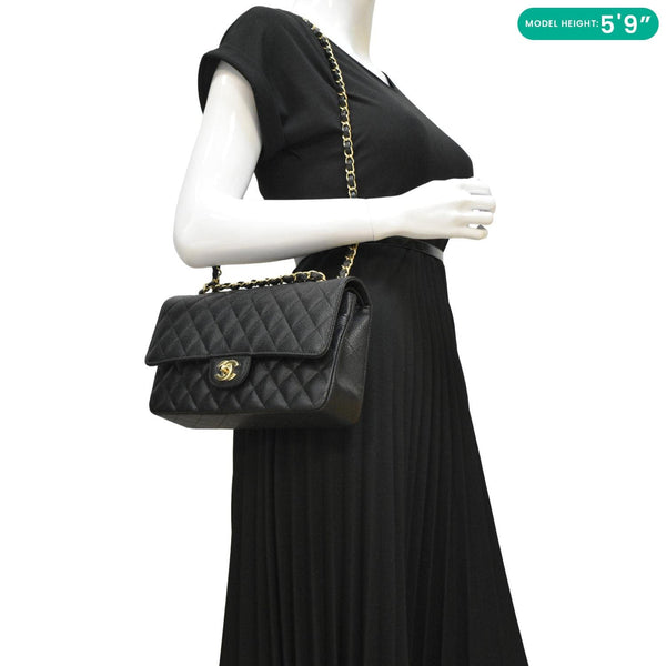 CHANEL Classic Medium Flap Quilted Caviar Leather Shoulder Bag Black