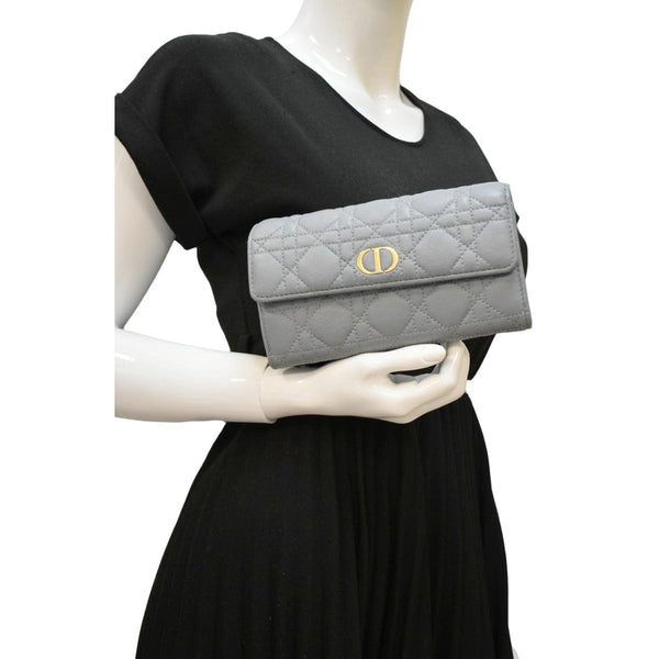 CHRISTIAN DIOR Caro Orchid Cannage Calfskin leather Long Wallet Gray