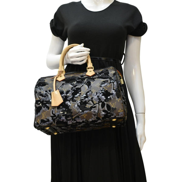 LOUIS VUITTON Speedy 30 Fleur De Jais Monogram Sequins Satchel Bag Black