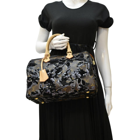 LOUIS VUITTON Speedy 30 Fleur De Jais Monogram Sequins Satchel Bag Black