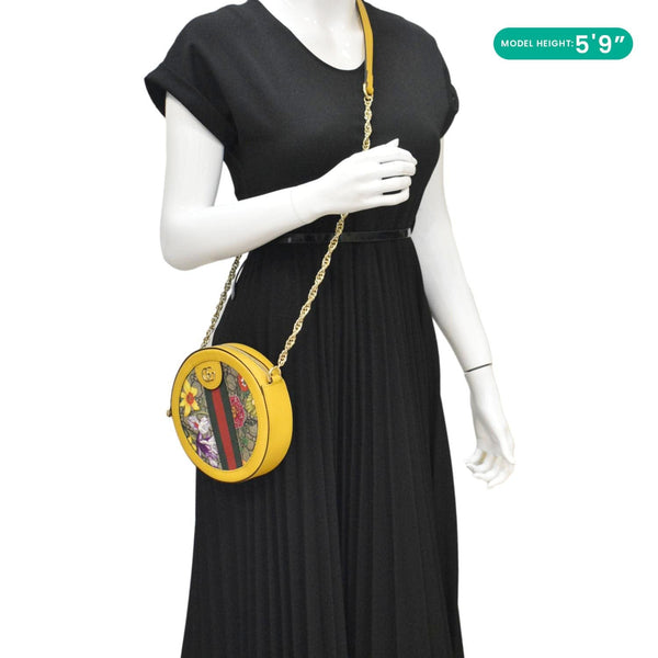 GUCCI Ophidia Mini Flora GG Round Supreme Monogram Web Crossbody Bag Yellow 550618