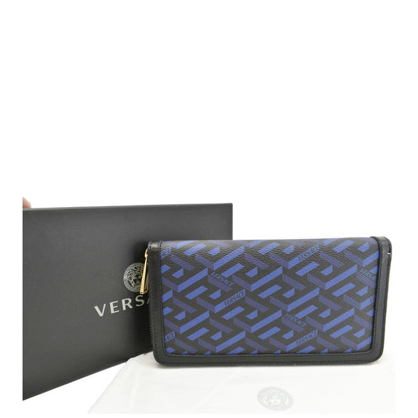 VERSACE La Greca Coated Canvas Long Zip Wallet Blue