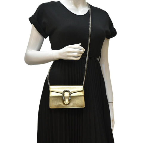 GUCCI Dionysus Super Mini Metallic Leather Crossbody Bag Gold 476432