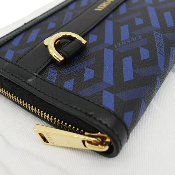 VERSACE La Greca Coated Canvas Long Zip Wallet Blue